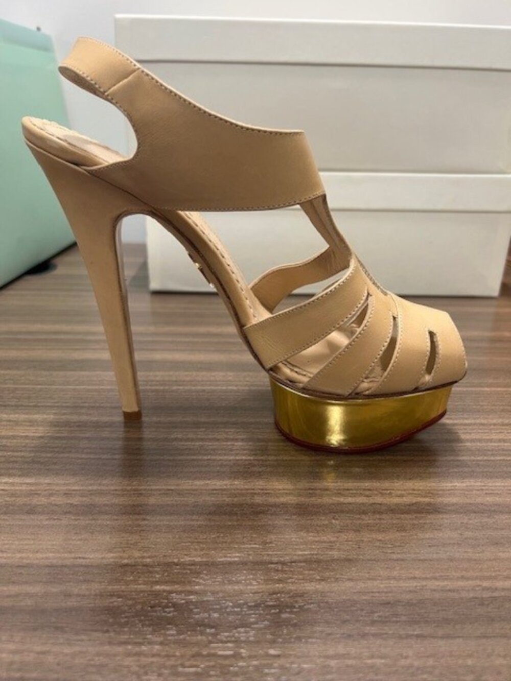 Charlotte Olympia Nude Leather & Gold Platform Stiletto Heels US 9/EU 39